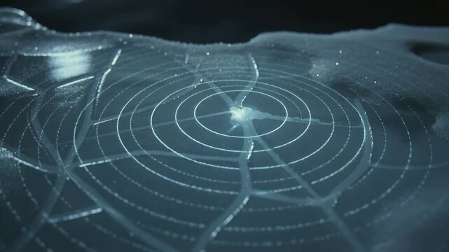 Traveling tracer line creating ripple rings on shiny veined surface, activating purple-pink core
