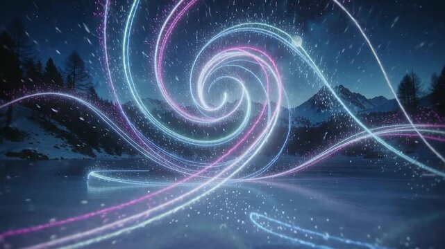 Gradually forming neon ribbon spiraling over frozen lake, casting sparkles and mirroring moon