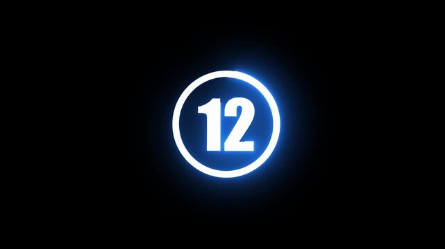 Glowing Neon 12 Number Circle Animation with Blue Light Effect Illuminated 12 Number Badge with Blue Neon Light Motion Graphic on black ground