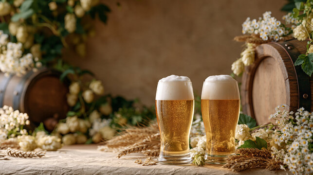Rustic festive poster layout for american beer day on october twenty-seventh with illustrated hops vines, barley stalks, frothy pint glasses, and wooden barrel icons framing a