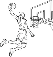 Dynamic Basketball Player Slam Dunking Vector Illustration Featuring Outline Silhouette of Athlete Jumping to Hoop for Sports Branding Logos and Coloring Book Content © Marks
