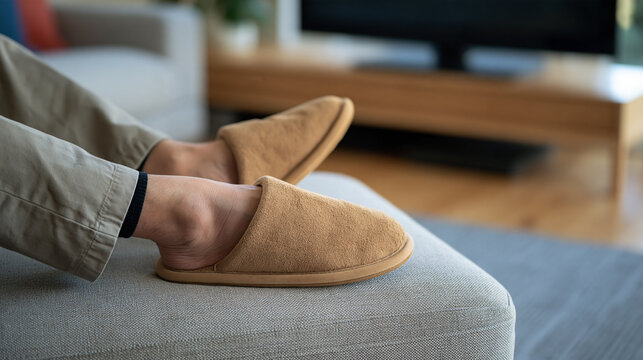 Close up of a senior man's feet in worn slippers resting on a sofa footrest, television murmuring distantly in background, quiet solitude, Alzheimer's passive state, elder