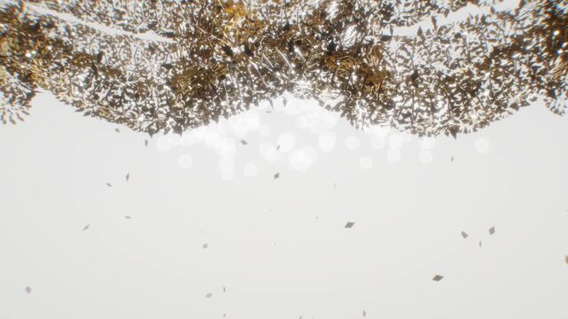 Festive gold marigold garland border drapes across the top with falling diamond confetti on a clean white background in 3D