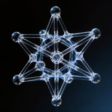 Abstract Symmetrical Glass Star Structure with Fine Web Threads on Black Background