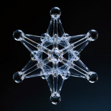 Abstract Symmetrical Glass Star Structure with Fine Web Threads on Black Background