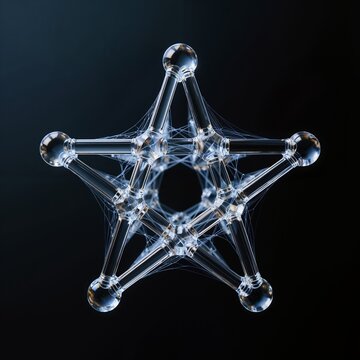 Abstract Symmetrical Glass Star Structure with Fine Web Threads on Black Background