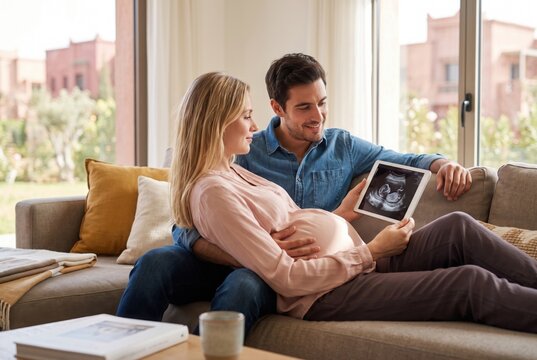 Pregnant, tablet and happy couple with x ray in home for maternity exam, sonogram or results. Relax, man and woman with technology display, screen or test for pregnancy scan, app or baby ultrasound