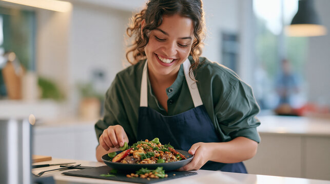 A smiling vegetarian chef arranging a colorful harvest grain bowl with roasted root vegetables, toasted seeds, and fresh herbs on a slate board in a sunlit modern kitchen,