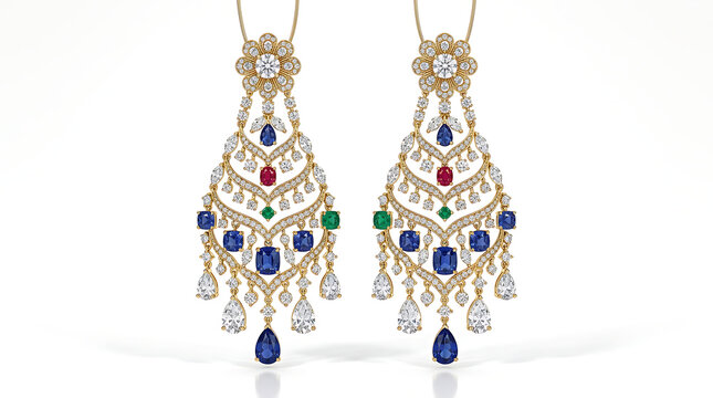 Pair of ornate gold chandelier earrings with diamonds and gemstones