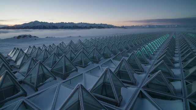 Pulling back, camera revealing rows of triangular glass pyramids on snow field, teal LED strips