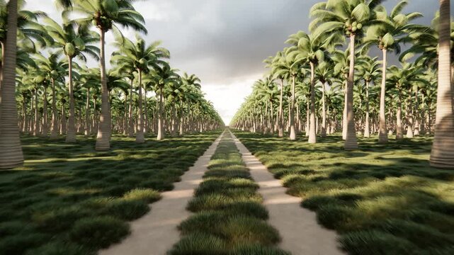 Realistic 3D Rendering Animation Moving Forward Along a Dirt Path Between Rows of Large Coconut Trees in an Agricultural Plantation Under a Cloudy Sky