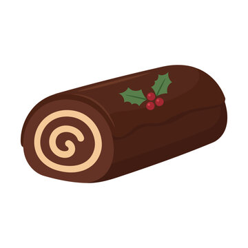 Delicious chocolate yule log cake with holly leaves and berries for christmas dessert Vector