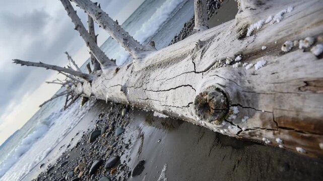 Pulling camera revealing driftwood log with knot and branch stubs on rocky shore, to show barnacles