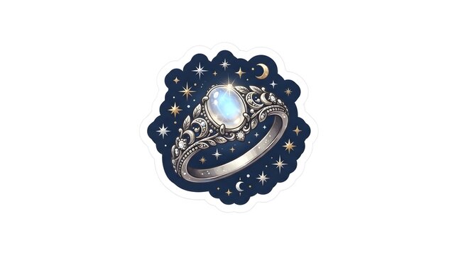 Elegant silver ring with glowing moonstone gemstone and ornate celestial leaves on dark night sky background sticker