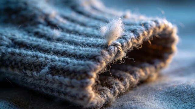 Shifting camera focus to ribbed knit cuff on soft fabric, revealing upright fiber showing texture