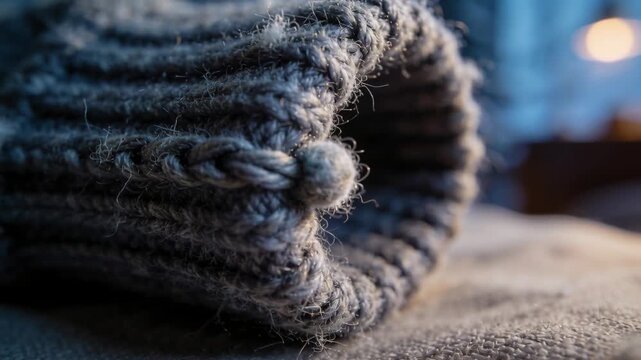 Shifting camera focus revealing rolled grey knitted cuff on bed linen, highlighting ribbed bobble