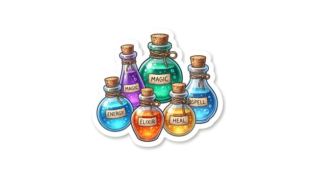 Sticker design featuring a collection of colorful magical potion bottles with cork stoppers and handwritten labels