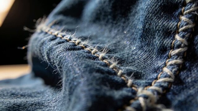 Camera racking focus showing texture of navy woven seam near warm left lamp, braided thread, lint