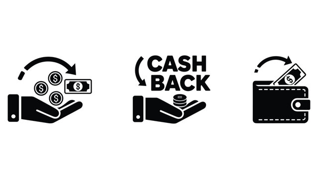 Set of flat black vector icons representing cash back money return financial savings refund and wallet transaction symbols on white background