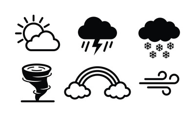 Fototapeta premium Weather Icons Set, Flat Climate Symbols Featuring Sun, Clouds, Rainfall, Snowstorm, Lightning, Tornado, Hurricane, Wind, Fog, Rainbow, Dew and Daily Sky Conditions for App Interface