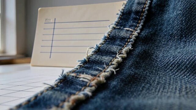 Shifting camera focusing frayed denim seam on grid mat beside window, with ruled card for texture