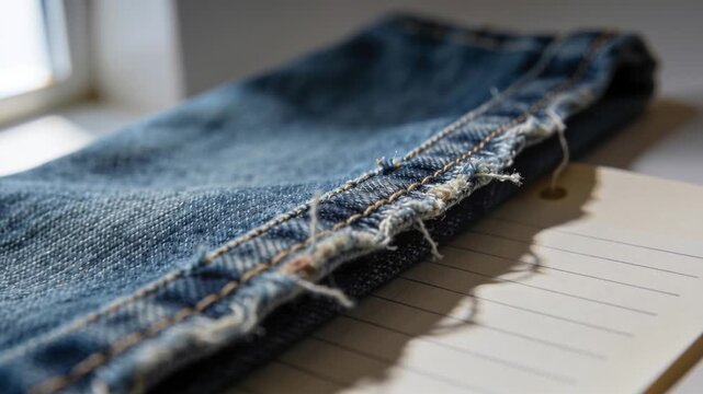 Racking focus, camera revealing blue denim hem and lined notebook by window, to reveal seam detail
