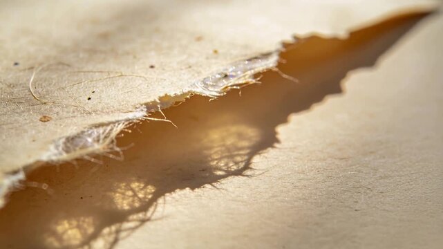 Shifting camera focus and warming light revealing torn sheet edge on tabletop, exposing fibers