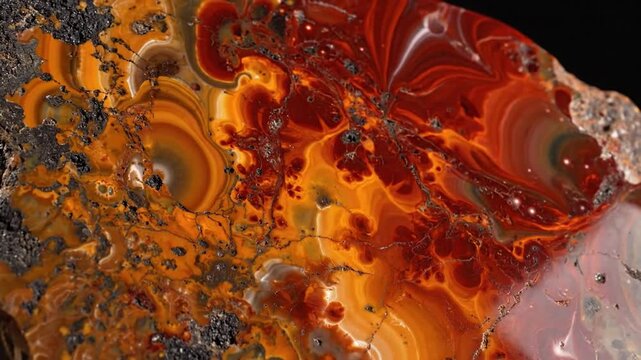Polished jasper mineral slab with swirling red and orange cosmic patterns and banded geological inclusions.