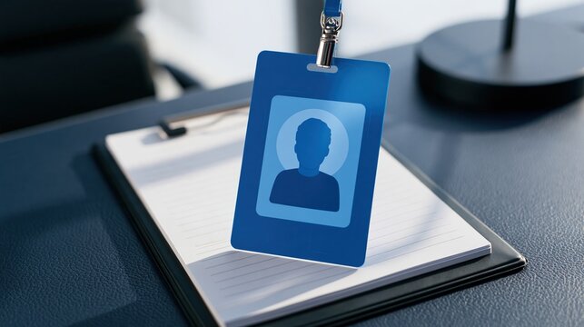 Blue Identification Card Badge Lying On A Clipboard On Desk