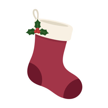 Red christmas stocking with holly leaves and berries for holiday decoration Vector