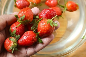 hand holding washed strawberries on wooden table © Insan