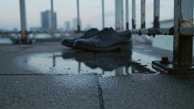 Dripping raindrops creating ripples near pair of black leather shoes on rooftop, rusted railing