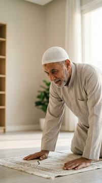 Elderly Muslim Man Performing Salah Prayer on a Rug in a Bright Modern Living Room, Spiritual Senior Man Devoted to Islam and Faith at Home.
