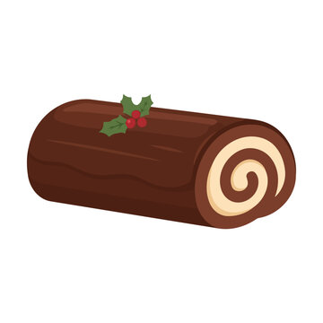 Delicious chocolate yule log cake with holly leaves for christmas holiday dessert Vector