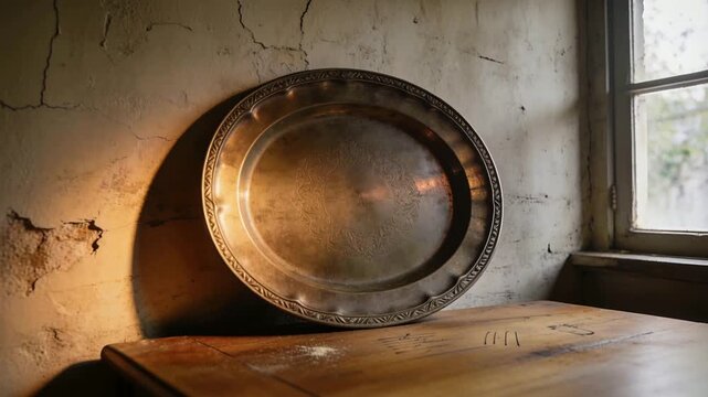 Shifting sunlight from window bathing metal platter on wooden table, revealing embossed pattern