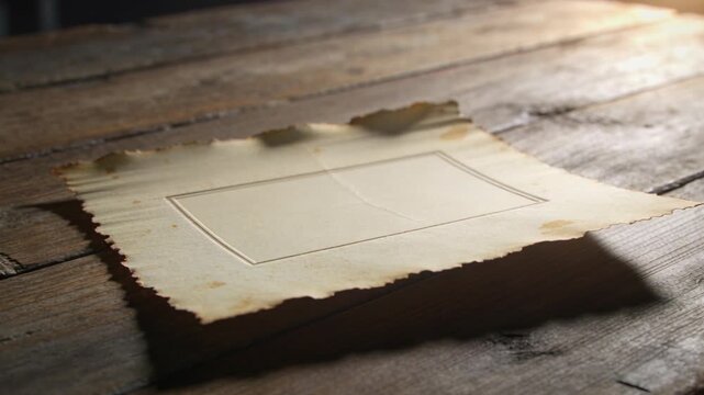 Pulling back camera revealing aged parchment on rustic table, warm light revealing embossing