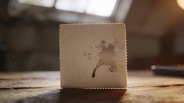 Tilting scalloped panel falling onto bottom edge on wooden tabletop due to imbalance, with droplet