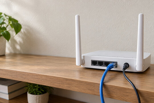 Home Wi-Fi router with connected Ethernet and power cables on a shelf