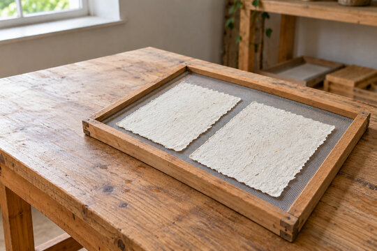 Handmade paper sheets drying on a mesh frame in a papermaking workshop