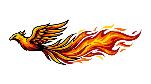 Powerful Flying Phoenix Mascot Illustration with Fiery Wings and Tail Isolated on White Background