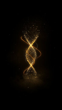 Glowing golden DNA double helix structure floating against a dark background with genetics molecular structure research scientific abstract molecule background technology microscopic