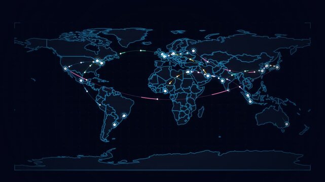 World map animation sequence with global network connections