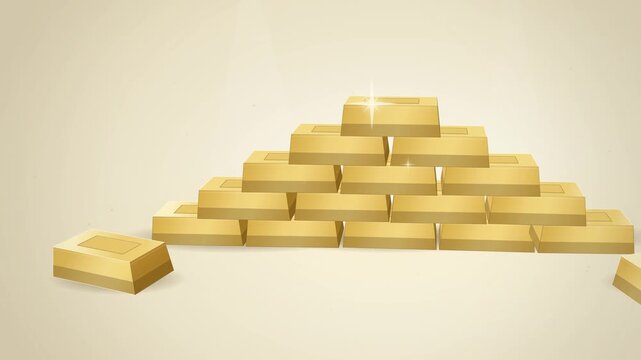 Gold bars stacking into a pyramid on cream background