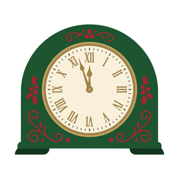 Vintage green mantel clock with roman numerals and decorative floral patterns Vector