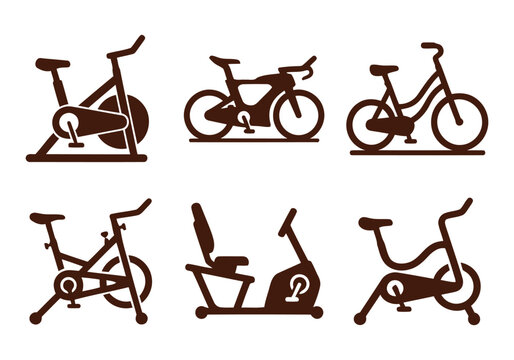 Various exercise bicycle types in a simple brown silhouette collection for fitness concepts isolated on white background