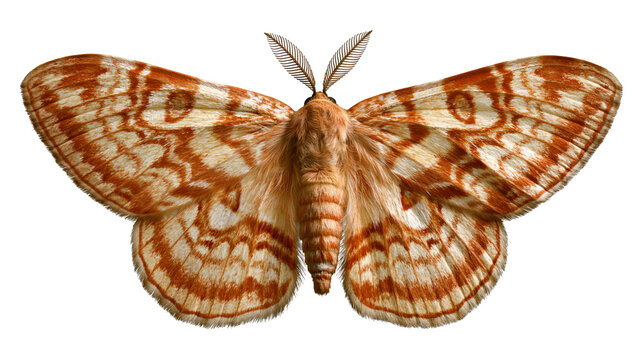 Orange and cream patterned moth with feathery antennae