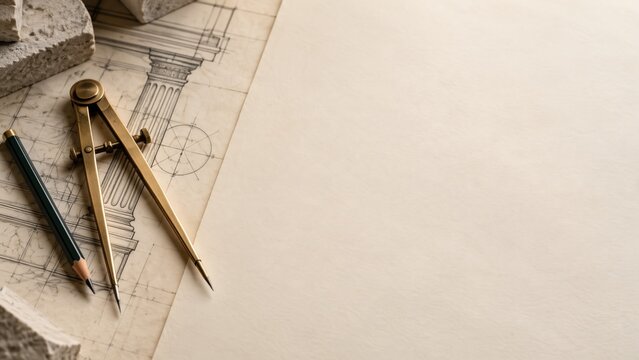 Vintage brass compass and pencil on architectural blueprint