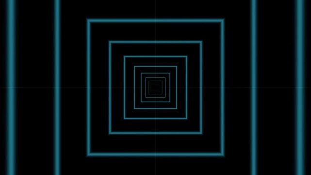 Cyan neon square frames advance into a tunnel in a cool video