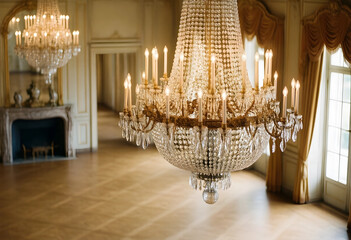 Fototapeta premium Luxury interior design and opulence, crystal chandelier in a grand historic ballroom with classic architecture and elegant gold decor for event venue
