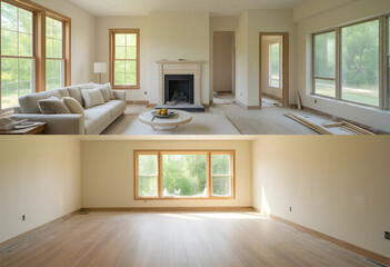 Naklejka premium Home renovation and interior design, before and after comparison of a living room with fireplace and hardwood flooring in a residential house project